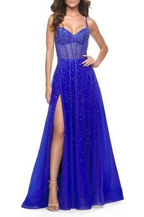 La Femme Rhinestone A-Line Tulle Prom Dress with Illusion Bodice in Royal Blue at Nordstrom, Size 12