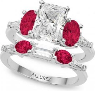 Allurez Radiant Lab Grown Diamond & Oval Ruby Bridal Set in Platinum (5.09ct)