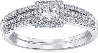 Pompeii3 3/4ct Princess Cut Split Shank Engagement Ring Set 14K White Gold