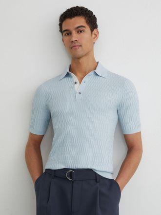 Reiss Soft Blue Textured-knit Half-button Polo Shirt, Xxl