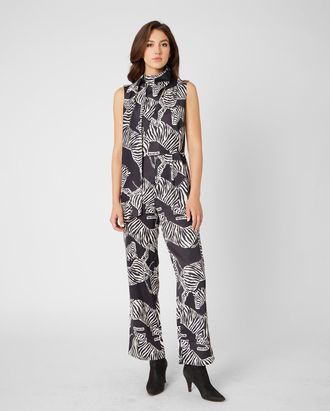 Adrienne Landau Zebra Print Scarf Neck Jumpsuit