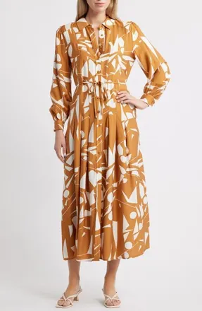 Melloday Long Sleeve Geometric Shirtdress in Mustard Geo at Nordstrom, Size X-Small