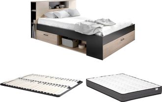 Vente-Unique Cama con cabecero con compartimentos y cajones - 160 x 200 cm - Color: natural y antracita + Somier + colch&oacute;n - LEANDRE