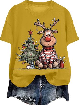 Generic Christmas T Shirts Women Xmas T Shirt Ladies Funny Christmas Tshirt Fashion Printed Crewneck Shirt Plus Size Funny Graphic Tee Casual Xmas Blouse Spar