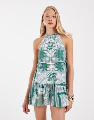 Asos Prendisole corto a balze allacciato al collo con profili spessi blu con stampa mista blu-Multi