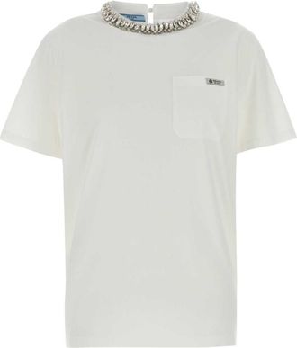 Prada White Embellished Round Neck T-Shirt