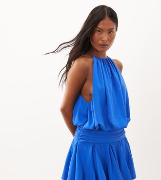 Asos Petite ASOS DESIGN Petite vestito corto con collo alto e vita bassa svasato in blu acceso