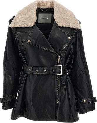 Halfboy Biker Leather Shearling Collar Aviator Trench Coat