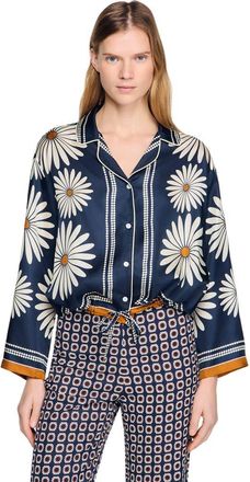 Sandro Floral print silk shirt in Deep Blue /Ocher at Nordstrom, Size X-Large