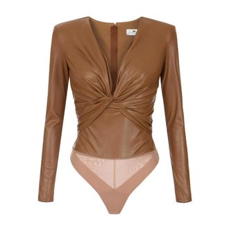 Elisabetta Franchi Tops, Dames, Bruin, M, Leer, Bodysuit met strik