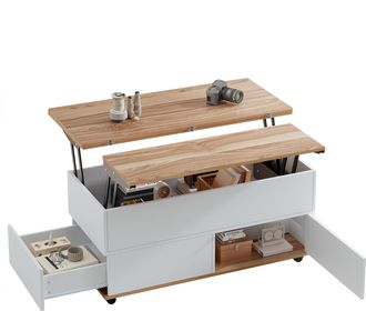 STILVORA Mesa De Centro Elevable Con 1 Caj&oacute;n, 1 Armario Y 2 Estantes, Con Ruedas, Estilo Moderno, En Tablero De Part&iacute;culas, Blanco Y Madera, 100&times;98&times;65 Cm