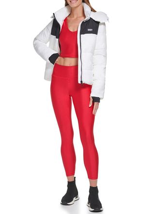 DKNY Womens Colorblock Puffer W/ Removable Hood White - Size Large