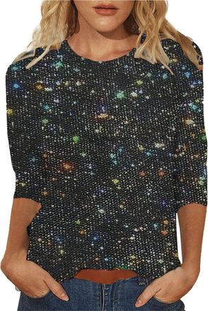 Generic Womens Sequin Shirt Large Sizes - New Years Eve Outfit Glitter Top 3/4 Sleeve Sweatshirt Festive Blouses Sports Sweatshirts Sequin Blouse Tops Glitter