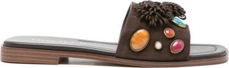 Twinset Suede Slides met Decoratieve Stenen - Dames - Sandalen - Bruin - 37 EU - Leer - Schoenen
