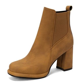 Generic Womens Elastic Wide Calf Ankle Boots Comfort Round Toe Block Heel Fashion Slip On Winter Dress Shoes (7.5,Yellow)