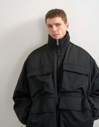 Topman bomber jacket oversized fit in nylon con collo a imbuto nero
