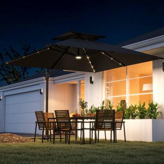 OUTSUNNY Garden Cantilever Parasol with LED Lights Crank Tilt Aluminium Pole UV50+ in Black