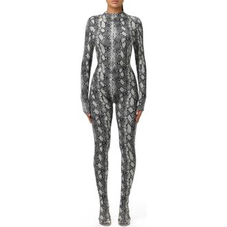 Naked Wardrobe Animal Print Closed Toe Jumpsuit in Grey Snakeskin at Nordstrom, Size X-Small