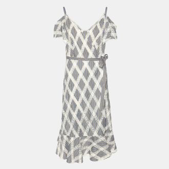 Sandro White/multicolor Stripe Lace Diamond Pattern Midi Dress