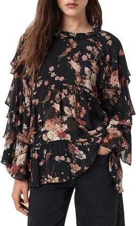 AllSaints Lissie Floral Print Ruffle Top in Armada Black at Nordstrom Rack, Size 10 Us / 14 Uk