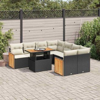 vidaXL Set Sof&aacute;s Jard&iacute;n Y Cojines 9 Pzas Rat&aacute;n Sint&eacute;tico Acacia Negro Vidaxl