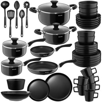 TecTake Juego de cocina, 45 piezas, 6 personas, apto lavavajillas, negro