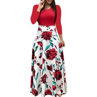 Generic Dresses for Women UK Wrap Dresses Long Sleeve Boho Print Maxi Dress High Waist Elegant Casual Full Length Vintage 3/4 Sleeves Cocktail Dress Holiday O