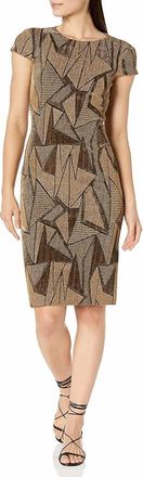 Vince Camuto Short Sleeve High Neck Sheath Midi Dress In Gold Embellished Black