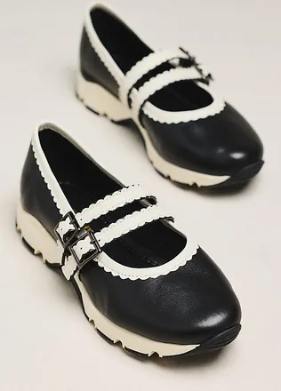All Black Double-Scalloped Mary Jane Flats