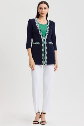 Ming Wang Heritage Checkered Trim Soft Knit Jacket in Indigo/kelly Green/ivory at Nordstrom, Size X-Small