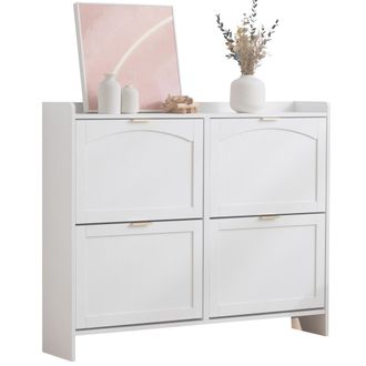 STILVORA Mueble Zapatero Con 4 Compartimentos Abatibles, Estante Abierto Y Encimera, Estilo Moderno, En Tablero De Part&iacute;culas, Blanco, 110&times;24&times;90 Cm