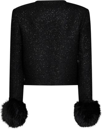 Self Portrait Womens Metallic Boucl&eacute; Jacket With Faux-Fur Cuffs Black Polyester