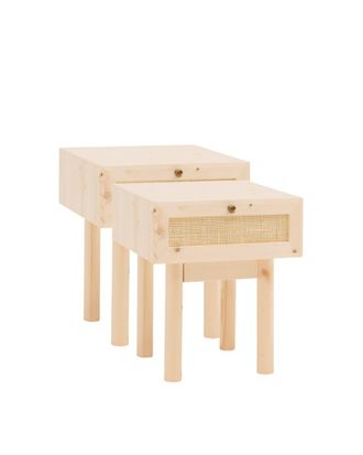 Deco Wood Pack 2 mesitas de noche de madera maciza y rafia beige 40x45cm