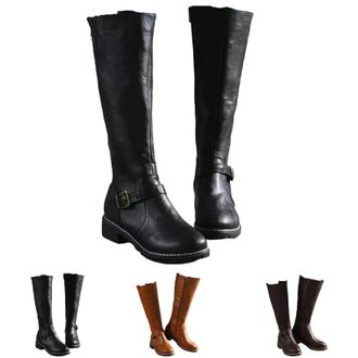Generic Womens Winter Long Boots, Low Heel Casual Round Toe Knee High Long Boots, Western Buckle Shoes with Side Zipper for Daily Wear (Black,8.5)