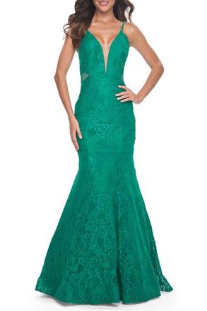 La Femme Long Mermaid Lace Dress with Back Rhinestone Detail in Jade at Nordstrom, Size 14