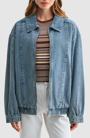 All in Favor Oversized Denim Bomber Jacket in Light Denim at Nordstrom, Size X-Small