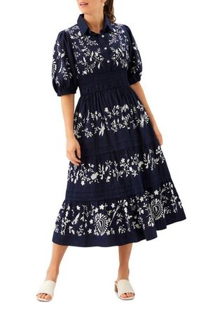 Karen Kane Embroidered Puff Sleeve Tiered Midi Dress in Navy at Nordstrom, Size X-Small