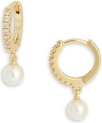 Nordstrom Rack Cubic Zirconia Faux Pearl Drop Huggie Hoop Earrings in Clear- White- Gold at Nordstrom Rack