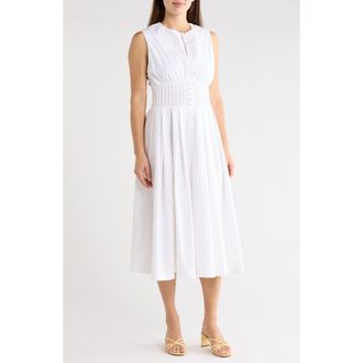 Halogen Sleeveless Pintucked Empire Waist Cotton Midi Dress in Bright White at Nordstrom Rack, Size X-Large