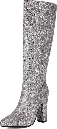 Generic Womens Knee-High Boots In Glitter Fabric Pointed Toe Chunky Block Heels Vibrant Color Sleek Silhouette Soft Inner Lining Durable Non-Slip Outsole,Silv