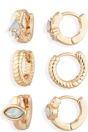 Nordstrom Rack Set of 3 Opaline Crystal Huggie Hoop Earrings in Opal- Gold at Nordstrom Rack