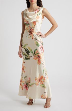 Eliza J Floral Cowl Neck Satin Gown in Champagne at Nordstrom, Size 14