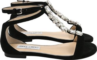Jimmy Choo London Averie Embellished T-Strap Sandals in Black Suede