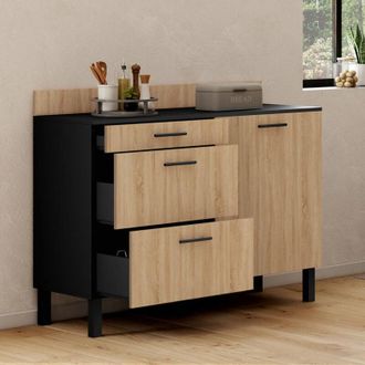 IDMarket Idmarket - Aparador De Cocina Bajo 120 Cm Encimera Casserolier Cina H.83 Cm 1 Puerta + 3 Cajones Aspecto Negro Y Haya