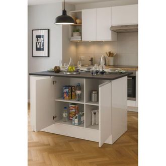 Dmora Dmora - Isla De Cocina Patrizio, Mesa Auxiliar De Almacenaje, Mueble De Cocina De 3 Puertas, 100% Made In Italy, 155x90h90 Cm, Blanco Brillo Y Pizarra