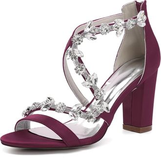 Generic Bridal Heeled Sandals Womens Chunky Block Open Toe Wedding Prom Party Evening Homecoming Dress Shoes 8.5Cm,Burgundy,10 UK