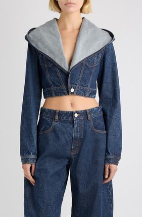 Alaia Hooded Crop Denim Jacket in Dock Blue at Nordstrom, Size 12 Us