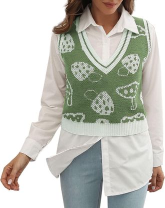 Generic Ladies Knitted Sweater Vest V Neck Tank Top - Sleeveless Pullover Jumper with Cartoon Mushroom Pattern, Soft Knitwear Gilet for Layering with Shirts, 