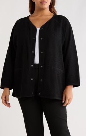 Eileen Fisher V-Neck Snap Front Boucl&eacute; Jacket in Black at Nordstrom, Size 1 X