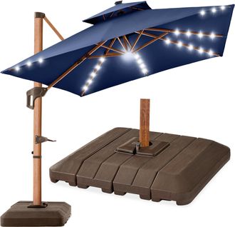 Best Choice Products 10ft Square Woodgrain Pattern 2-Tier Outdoor Solar LED Cantilever Umbrella w/ Base